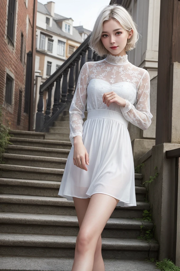 highest quality、masterpiece、超High resolution、(whole body,Realistic:1.3)、RAW Photos、(One girl,Small breasts), Beautiful Face, (Realistic Face,Detailed facial expressions,smile), (White Hair、short hair:1.3), Beautiful Hairstyles, Realistic eyes, Beautiful fine details, (Realistic Skin), Beautiful Skin, (Long sleeve dress,Stylish trendy fashion), Confused, charm, 超High resolution, Ultra-realistic, High resolution, Golden Ratio、Standing on the stairs,European cityscape,Mr.々Posing,Shooting from below,Beautiful starry sky,night