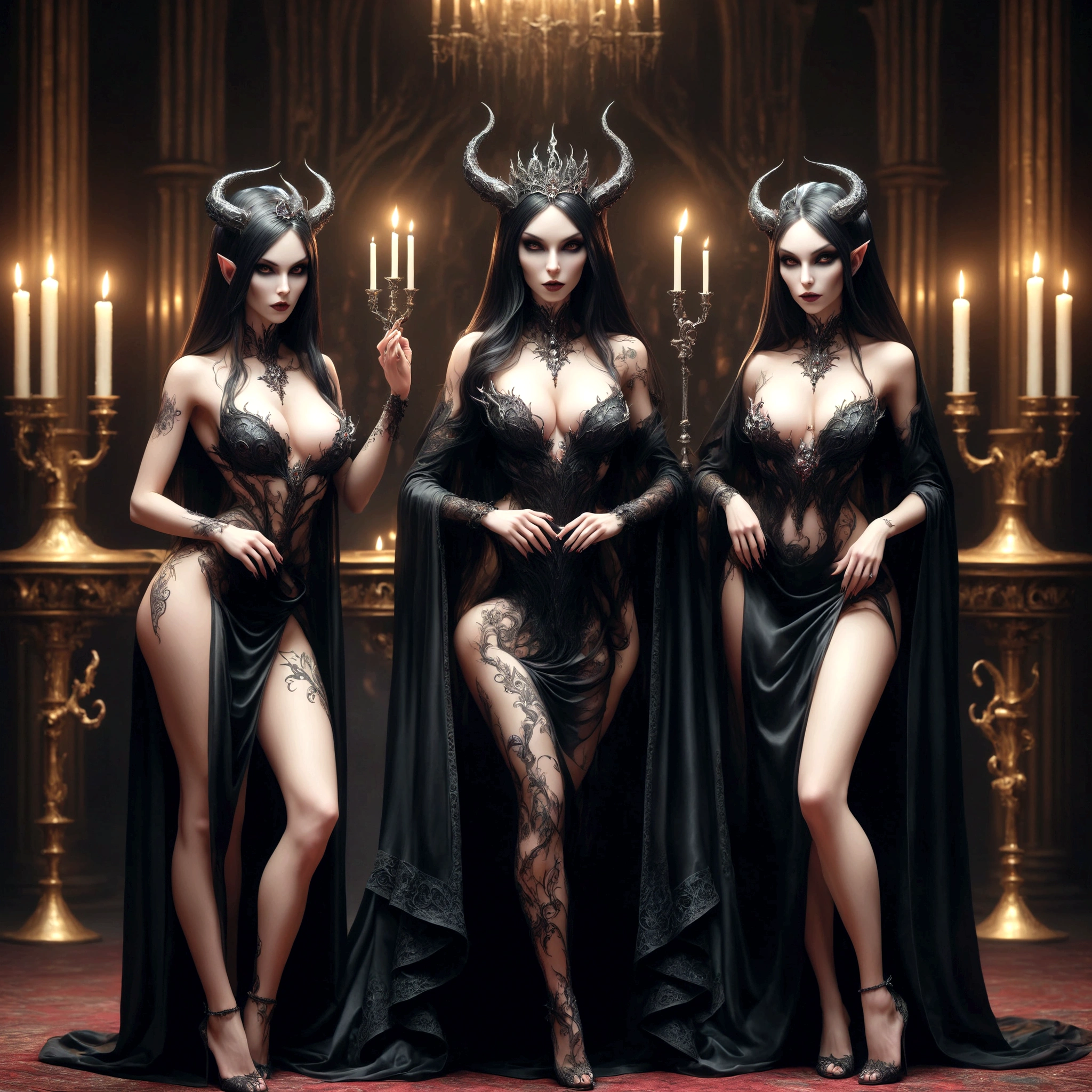 Queen succubus with highly detailed face and his sexy wives with perfect and detailed bodies and faces, Gothic style throne room, candelabra, candles, skulls, , micro detail, 8 K, hyper detailed, full body, volume lighting, raytracing, vivid colors, depth of field, sharp focus, detailed photograph, , portrait, highly detailed, beautiful, HD, demon succubus, standing around, fix the eyes