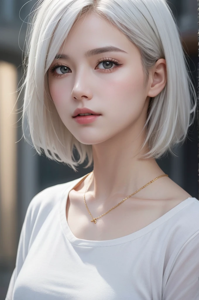 highest quality、masterpiece、超High resolution、(Realistic:1.3)、RAW Photos、(One girl), Beautiful Face, (Realistic Face), (White Hair、short hair:1.3), Beautiful Hairstyles, Realistic eyes, Beautiful fine details, (Realistic Skin), Beautiful Skin, (shirt), Confused, charm, 超High resolution, Ultra-realistic, High resolution, Golden Ratio、Mr.々Background