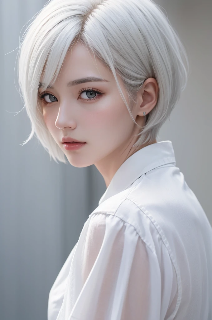 highest quality、masterpiece、超High resolution、(Realistic:1.3)、RAW Photos、(One girl), Beautiful Face, (Realistic Face), (White Hair、short hair:1.3), Beautiful Hairstyles, Realistic eyes, Beautiful fine details, (Realistic Skin), Beautiful Skin, (shirt), Confused, charm, 超High resolution, Ultra-realistic, High resolution, Golden Ratio、Mr.々Background