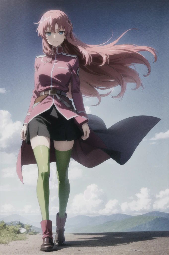 masterpiece, best quality, anime official art, 1girl, flay allster, pink hair, long hair, pale cerulean eyes, military uniform, long sleeves, belt, black skirt, green thighhighs, pink boots, full body, evil smile