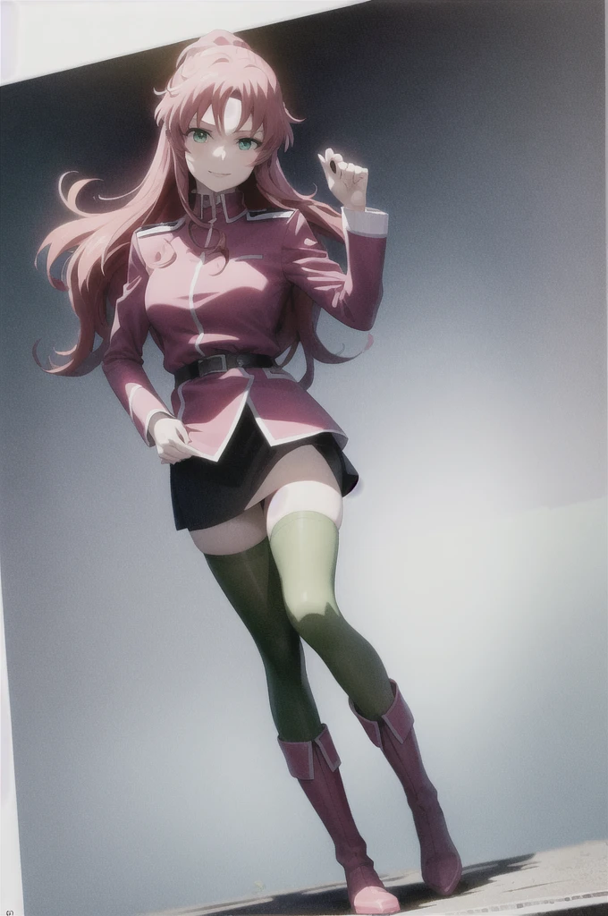 masterpiece, best quality, anime official art, 1girl, flay allster, pink hair, long hair, pale cerulean eyes, military uniform, long sleeves, belt, black skirt, green thighhighs, pink boots, full body, evil smile