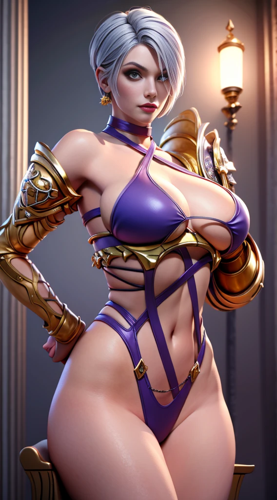 A woman in a purple bikini and a gold helmet posing lindo, gray hair, (obra-prima: 1.2), (melhor qualidade: 1.2), , perfect lighting, neste, corpo suado, seios grandes, mulher, 8k, perfect hands,((obra-prima)), (melhor qualidade) textura, ivy, throne room in the background, 8K image quality, Masterpiece