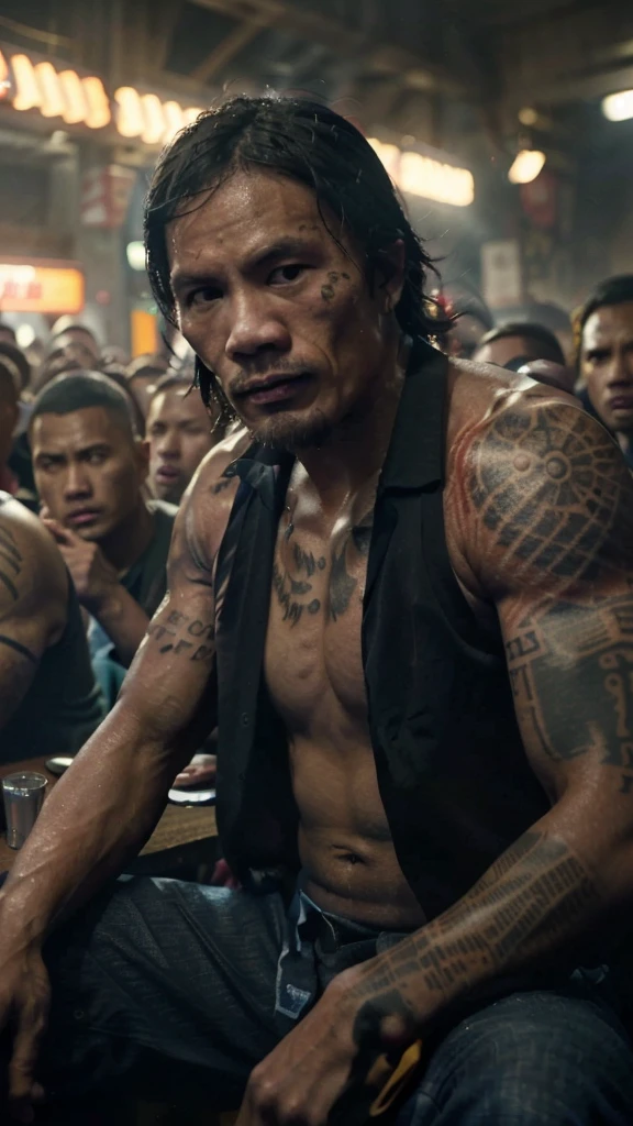 there is a man sitting in a crowded room with tattoos on his arms, film still of manny pacquiao, style of ade santora, joe taslim, 8 k movie still, arms covered in gang tattoo, scene from live action movie, portrait shot, movie promotional image, movie still 8 k, action scene from the film, inspired by Rudy Siswanto