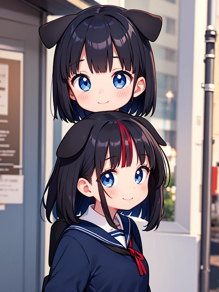 Short black hair Adult female　Dog Ears　Dark blue colored eyes　A student wearing a navy blue sailor uniform with a red ribbon　In the city　smile