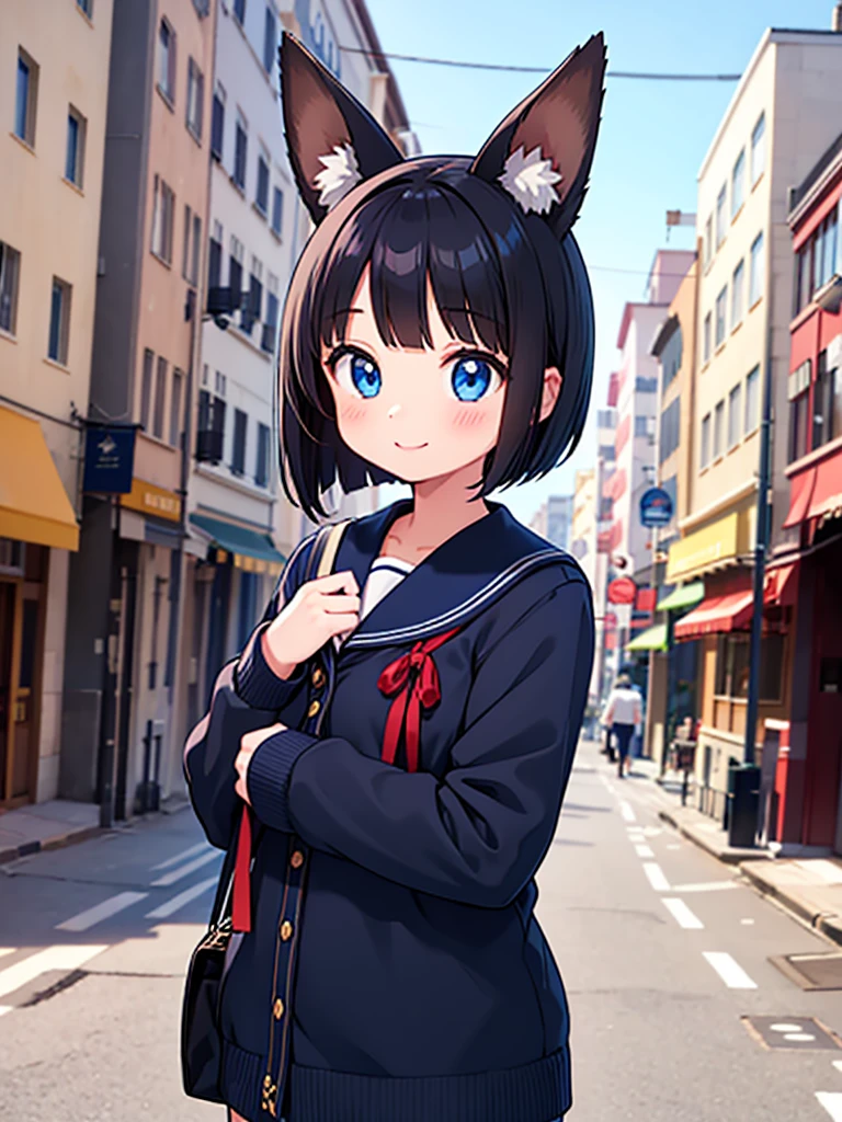 Short black hair Adult female Dog Ears Dark blue colored eyes A student wearing a navy blue sailor uniform with a red ribbon In the city smile
