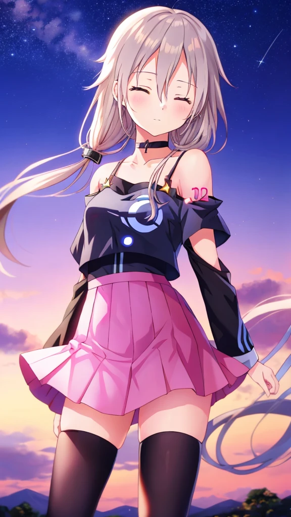 one girl, IA, Vocaloid, CeVIO AI, short skirt, black shirt, off shoulder, choker, beauty, starry sky, mysterious girl, close to girl, Aria on the Planetes, slender, cool, cowboy shot, pray for stars, zettai ryouiki, close eyes