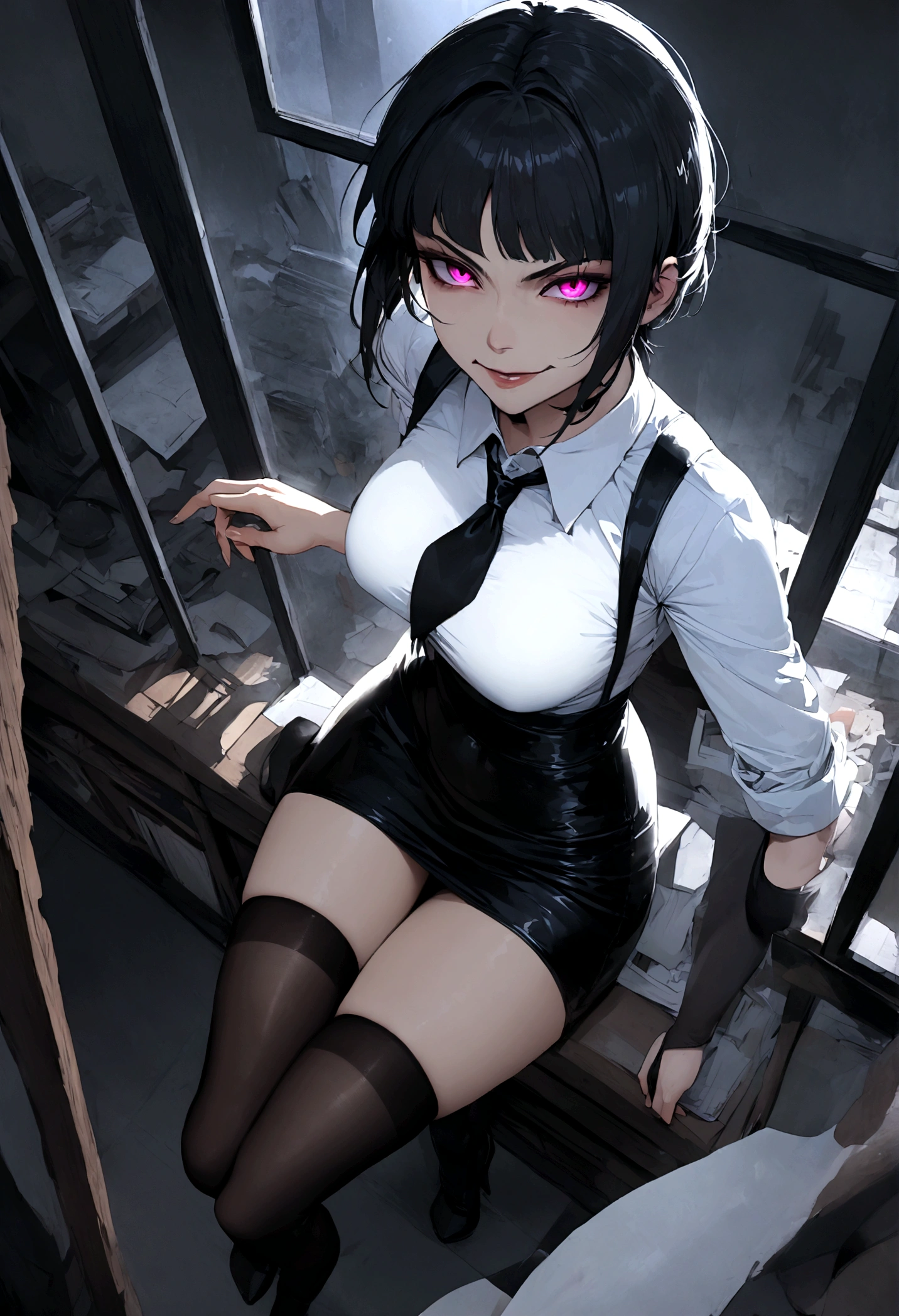 juri han, work of art, tight white secretary shirt with black tie, black high waist skirt, short skirt,stocking, black hair, black tights,evil smile,office,franja nos olhos,lighting,chifre de cabelos,view from above