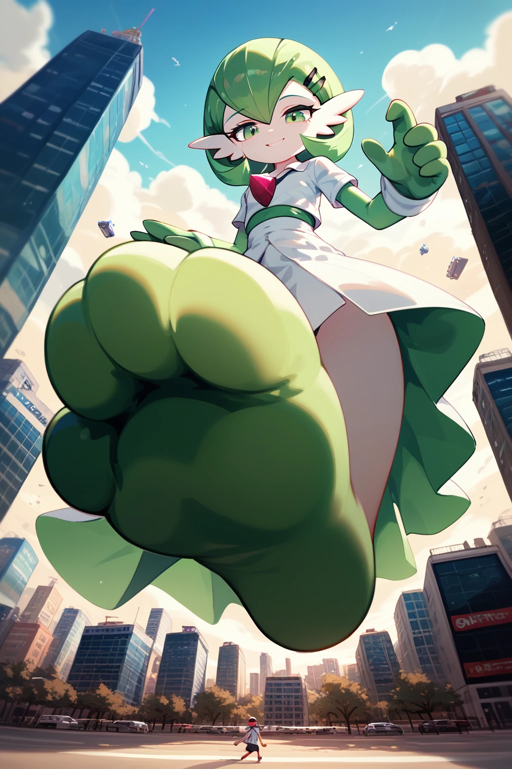 (Fraction_9,Fraction_8_Direction_7_up,), green legs, full body! shot, green and white, higurashi, danny phantom, full body shot close up, gardevoir, pokemon, sizedifference, macro, giantess, low angle, paws, stand, look down, 1 character, deceptive smile, hands down, half-squinted eyes, city