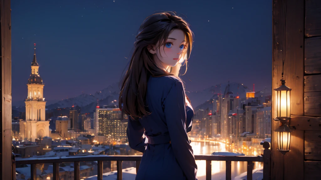 1 girl, medium light brown hair, light blue eyes, wearing black suit, night city, absurdres, high res, ultrasharp, 8K, masterpiece, looking from behind