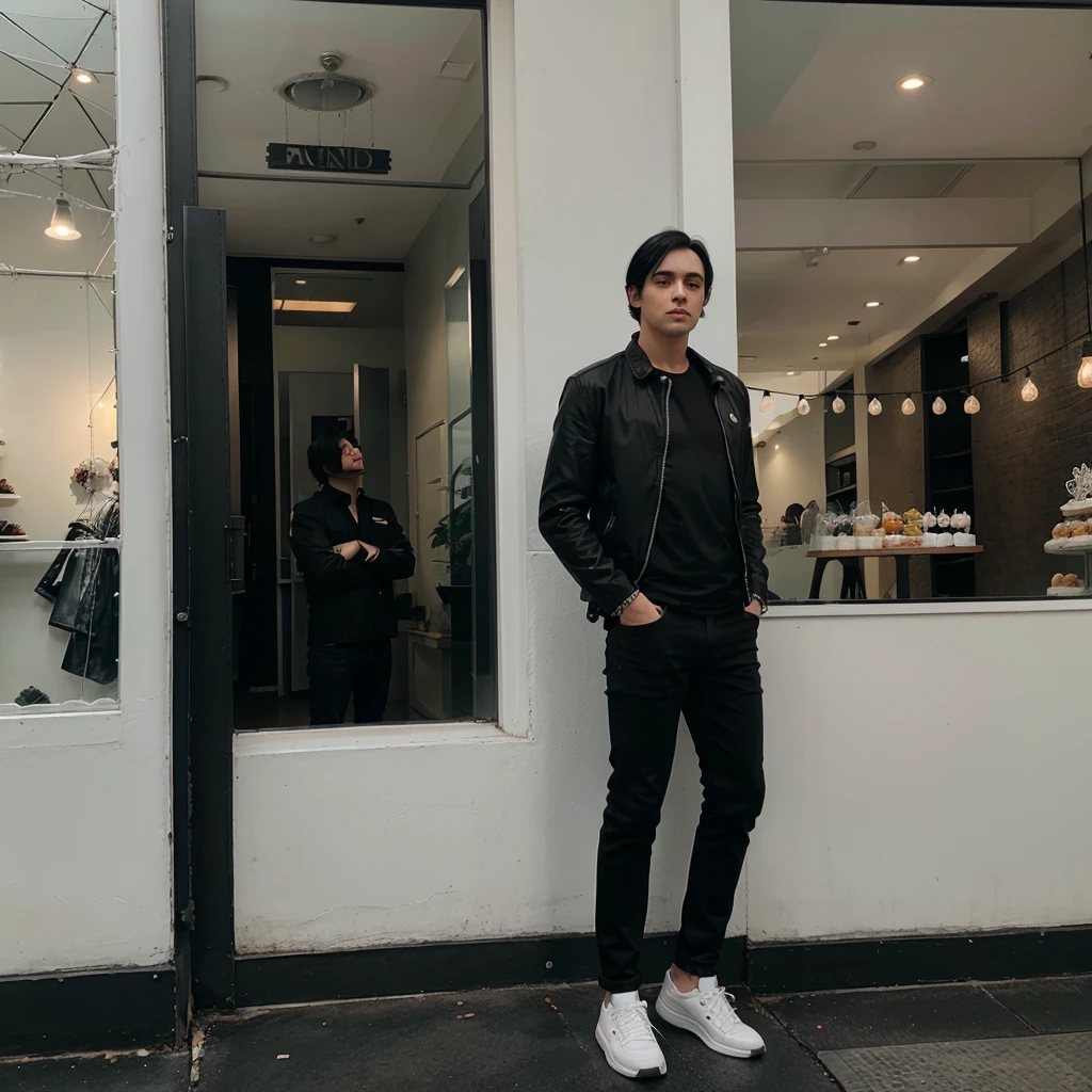 A white man with black hair wearing black jeans, a black shirt and a white jacket and he is wearing white shoes is standing in front of a restaurant with glass decorations.