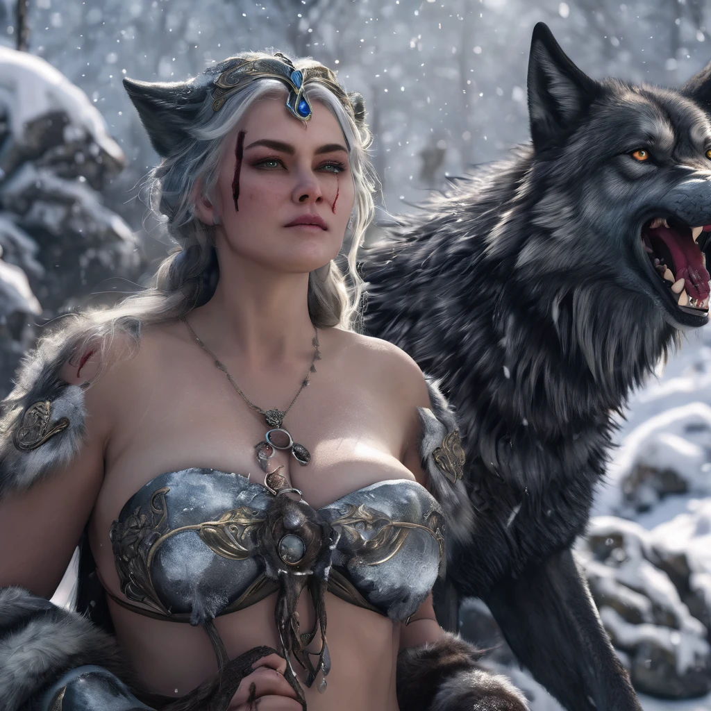 4k highly detailed realistic digital extremely high quality RAW photograph, a portrait photo of Mona Lisa that lived with wolves her whole life is now leading them to battle. torn clothes exposing (nude:1.4) body, armored pauldrons, fangs, curled horns, big breasts, ((snow and blood)), ((wolf tattoos)), epic, hyperrealistic, hyperrealism, 8k, cinematic lighting, greg rutkowski, wlop, (f1.8 short focus bokeh)