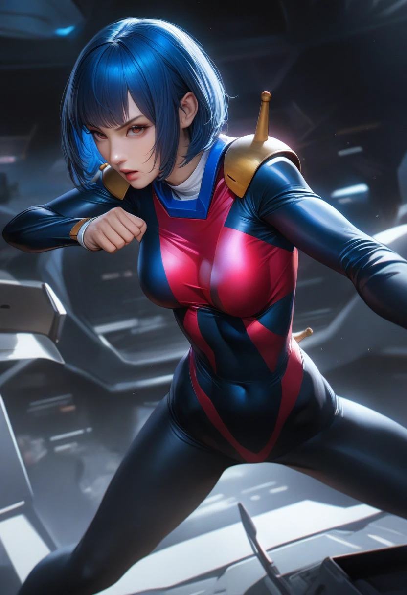 perfect hands, perfect finger,perfect anatomy, masterpiece, best quality,realistic, hyperrealistic, 16k hdr,1girl, medium breasts,blue hair, bobcut,mobile trace suit, shoulder armor,fighting pose, upper body, cockpit