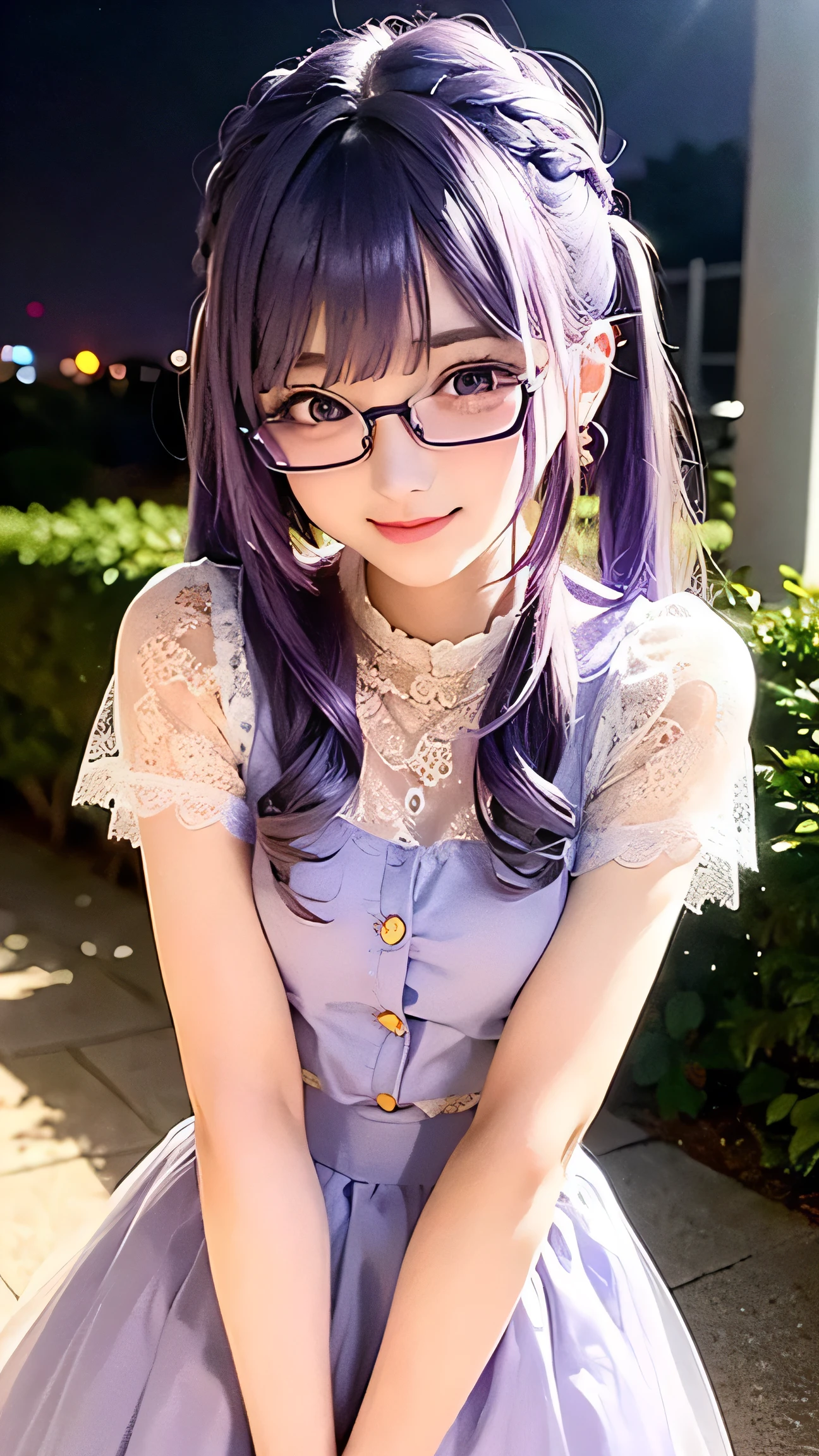 Small face、 (alone:1.5,)Very detailed,Bright colors, Very beautiful and detailed anime faces and eyes, Look straight, Shiny_skin,girl, (((Rainbow Hair, Colorful Hair, Half blue、Half Purple Hair: 1.2))), 、Shiny hair, Delicate and beautiful face, blush、Glasses、(Turquoise Eyes), , Valletta, Earrings,、garden、sunset、(((Stylish lace mini skirt,Translucent shirt)))、(Twin tails)、smile、smile、Face dyed red、hilarious pose、dynamic、