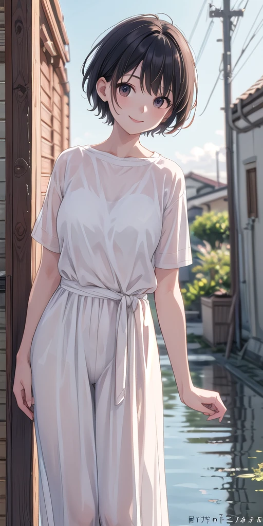 Top quality, beautiful woman, short cut hair, fragile smile, beautiful world, high quality picture, neat and clean clothes, darker clothes,