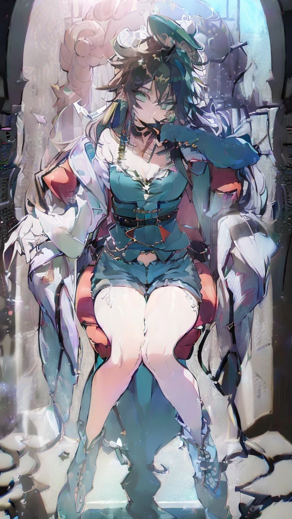 8k, best quality, masterpiece, highly detailed, semi realistic, a girl, young female, 20 years old, absurdly long light blue hair, hair between eyes, banks, pink eyes, medium breast, pink lips, elbow fingerless gloves, gorgeous sexy clothes, corset, slim figure, cool expression, skinny pants, boots, lace clothes,