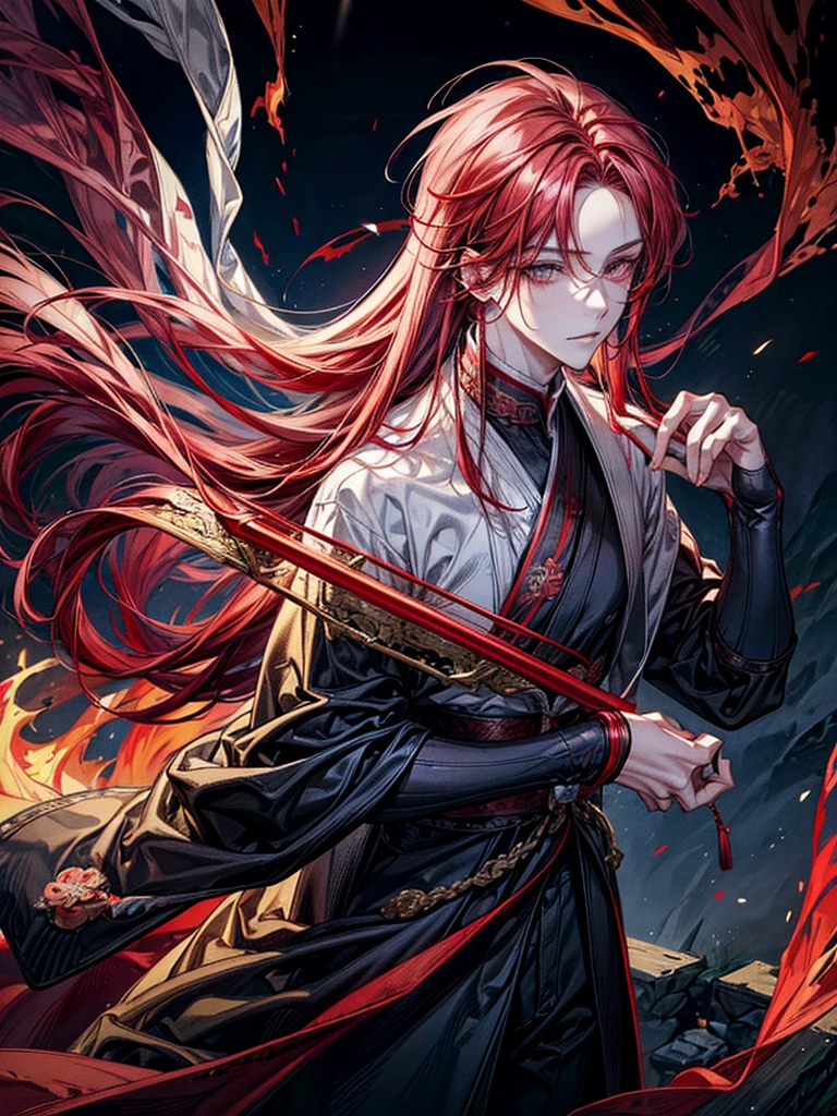 One Beautiful Boy、tall、fiery red hair、One side of the hair is long、Burning red eyes、Glowing Eyes、Handsome、mysterious、beautiful、highest quality、masterpiece、Super detailed、Long, narrow eyes、Surrounded by flames、Hakama、Gazing at the viewer、Torii Gate Scenery