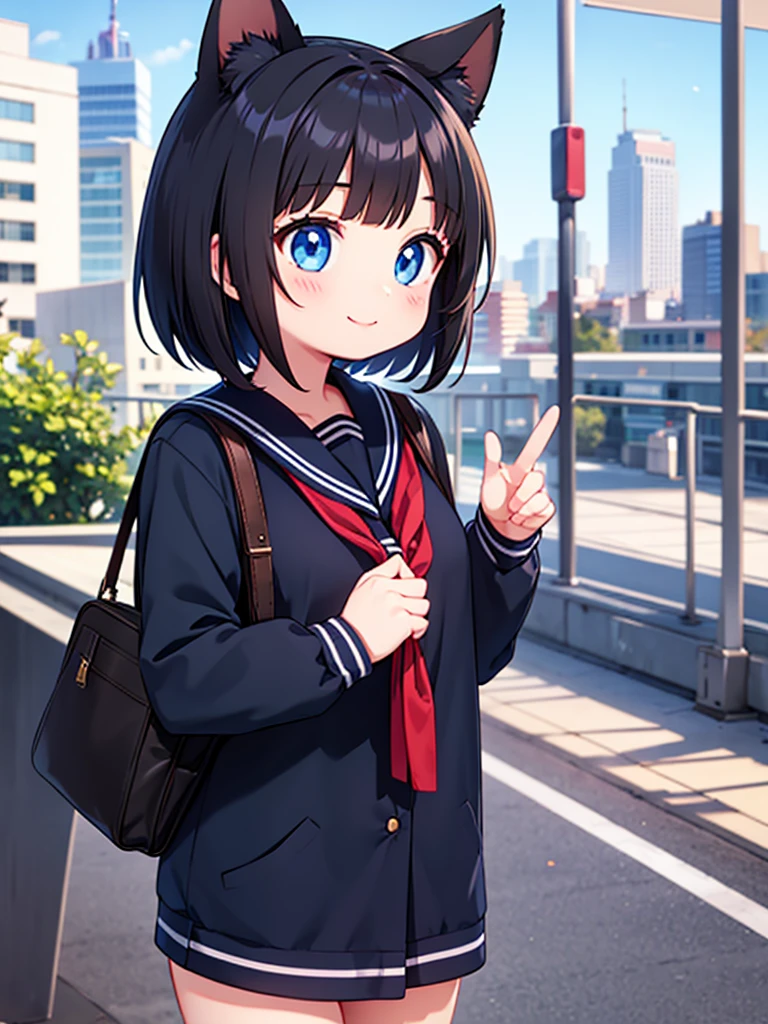 Short black hair Adult female Dog Ears Dark blue colored eyes A student wearing a navy blue sailor uniform with a red ribbon In the city smile
