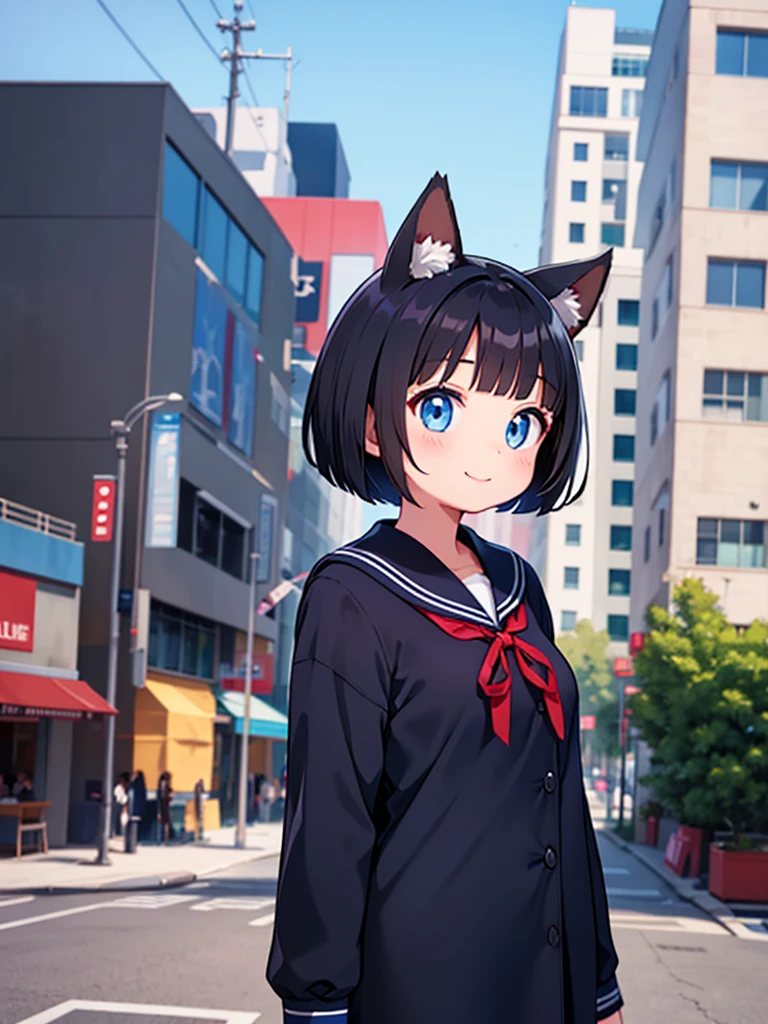 Short black hair Adult female Dog Ears Dark blue colored eyes A student wearing a navy blue sailor uniform with a red ribbon In the city smile