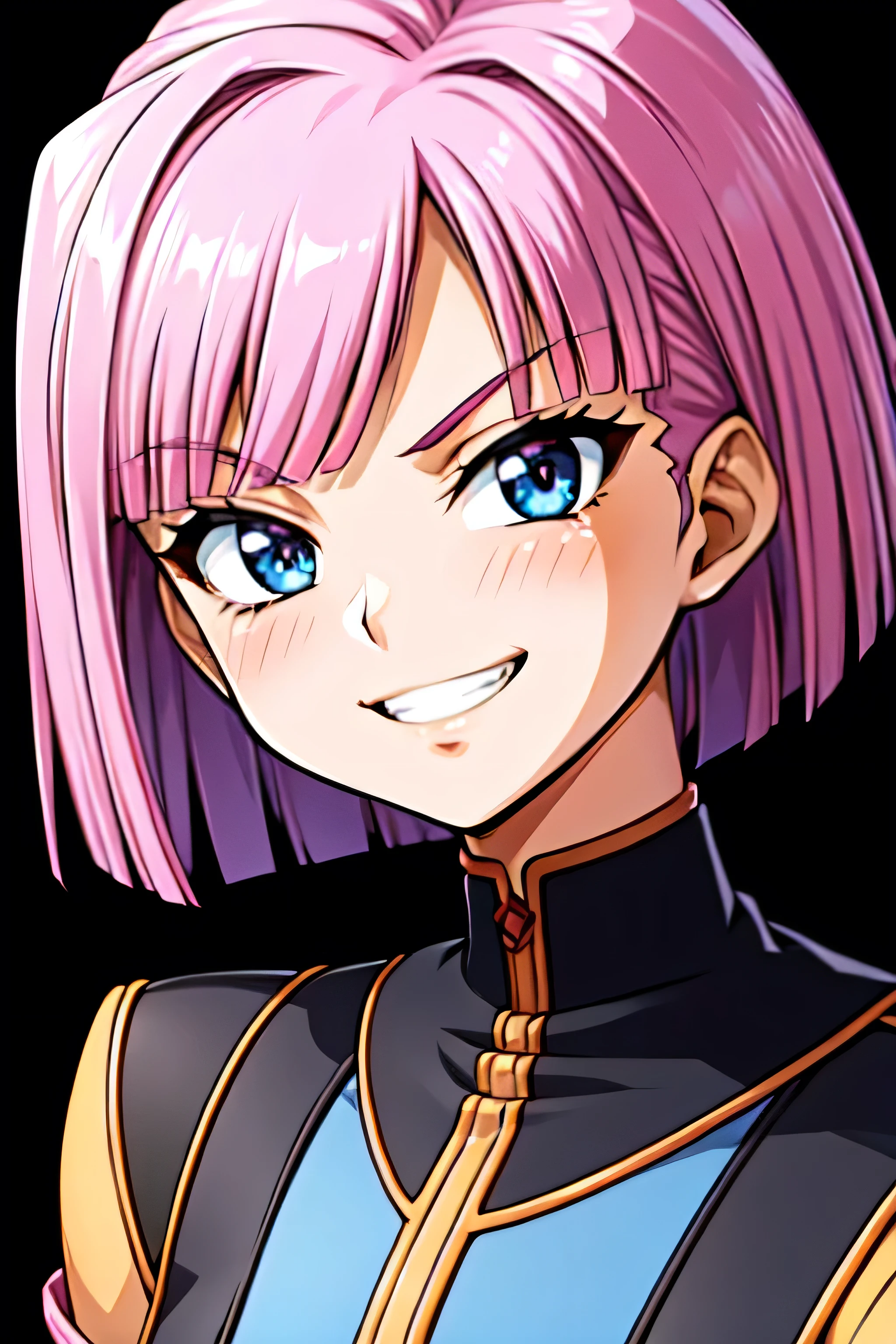 (best_quality 4K, 8K, High resolution, Masterpiece: 1.2), ultra detailed),from_below,(anime_screencap),(1girl,solo),dynamic_angle,too evil_smile,too evil laugh at,tis,deep shadeded_face,too sadistic,smile worst,,bob short hair,,,looking at viewer,upper body,black background,