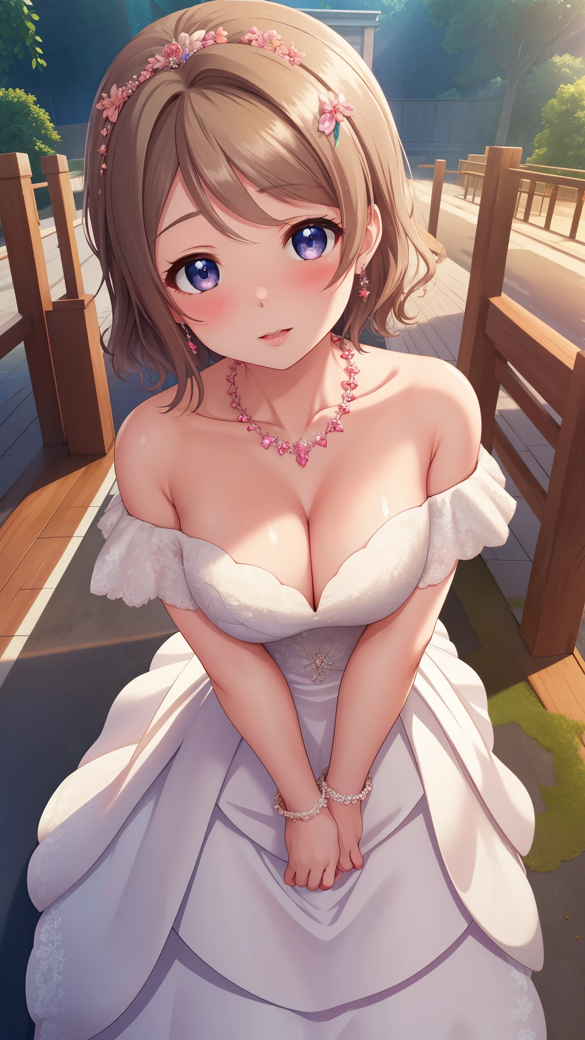 (Masterpiece), 8k wallpaper, solo, Watanabe you, game cg, beautiful detailed face and eyes, perfect anatomy, standing, outside, blush, glossy lips, wedding dress, off the shoulder, necklace, jewelry