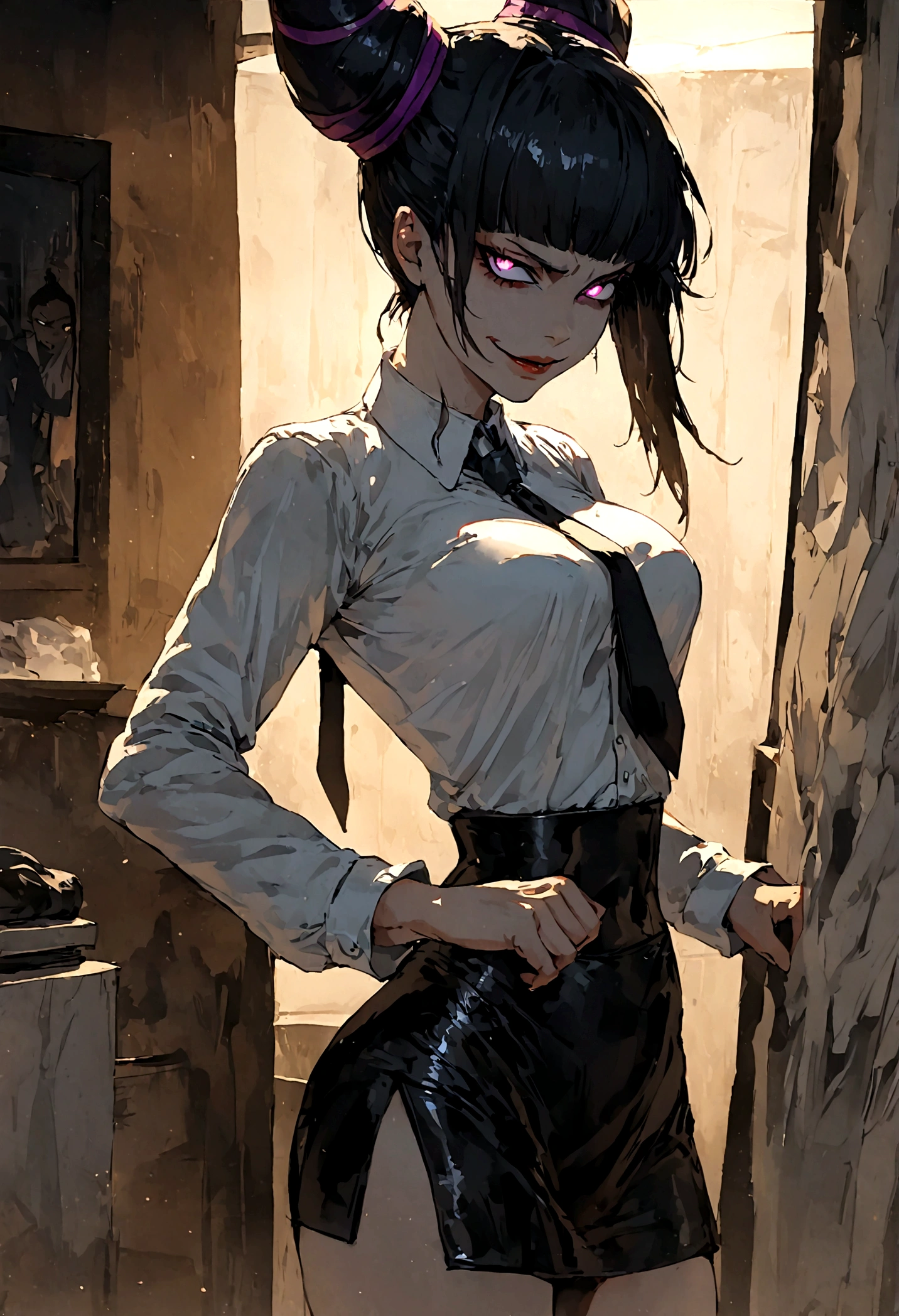 juri han, work of art, tight white secretary shirt with black tie, black high waist skirt, short skirt,stocking, black hair, black tights,evil smile,office,franja nos olhos,lighting,chifre de cabelos
