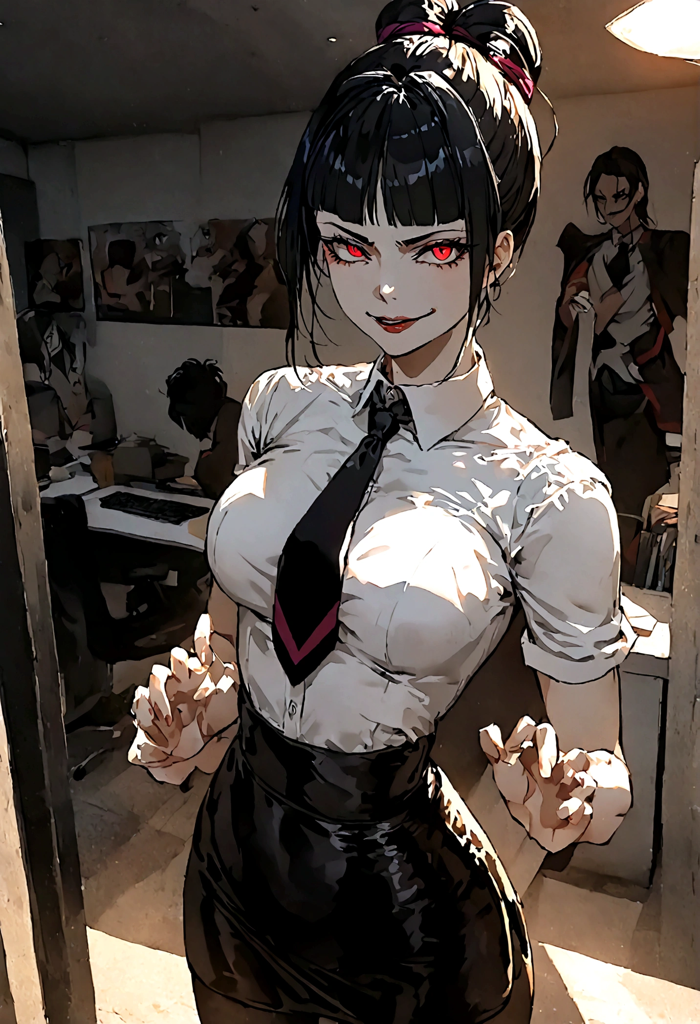juri han, work of art, tight white secretary shirt with black tie, black high waist skirt, short skirt,stocking, black hair, black tights,evil smile,office,franja nos olhos,lighting,chifre de cabelos