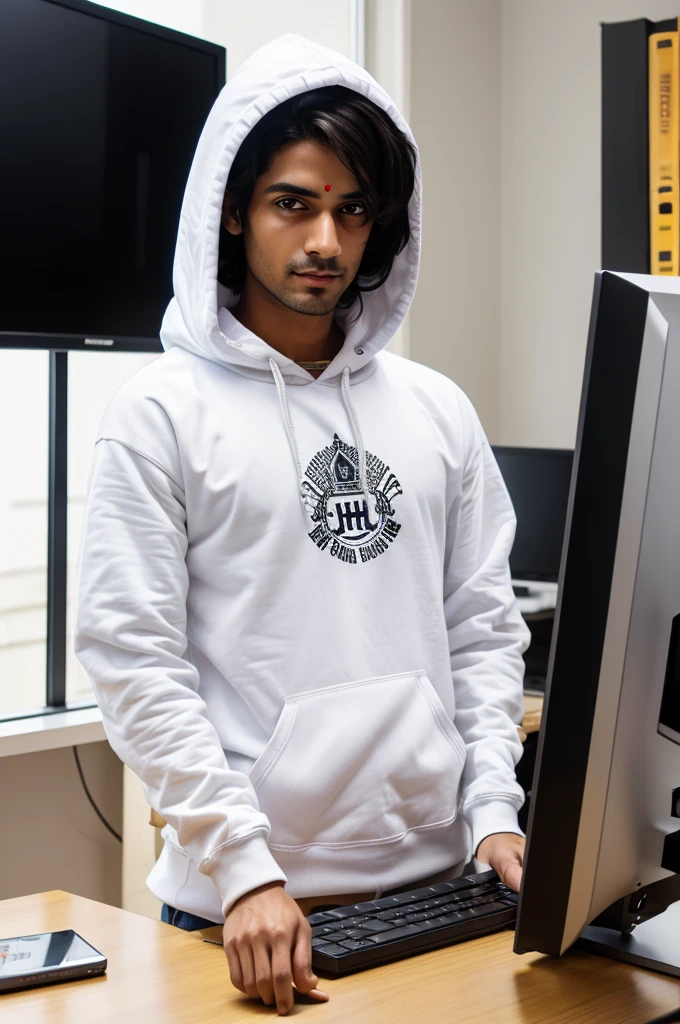 Create a lord Krishna were white hoodies Ethical hacker look like and front of computer screen