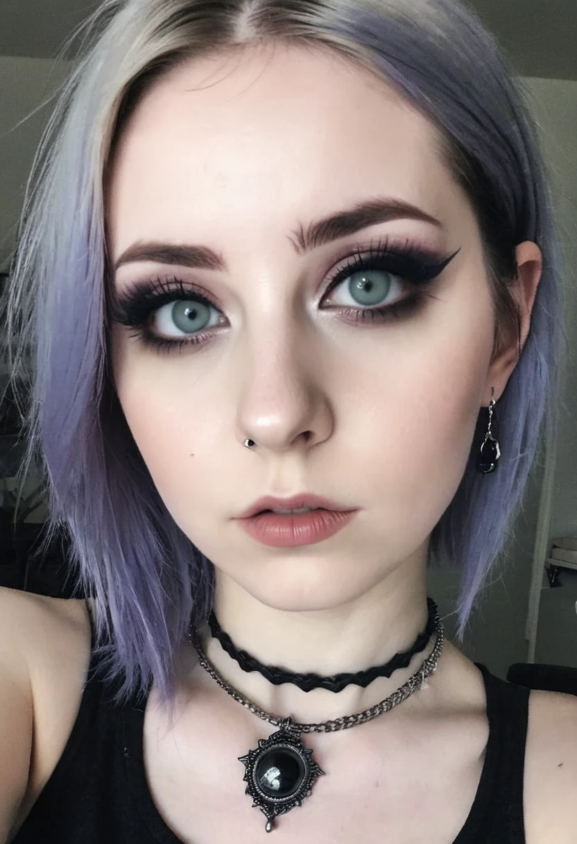 Just a basic bad quality selfie of metal head girl, trad goth, makeup and piercing