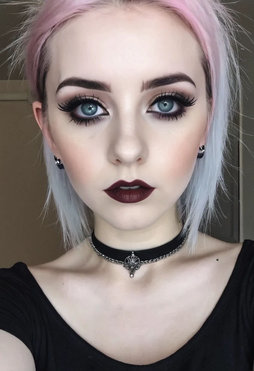 Just a basic bad quality selfie of metal head girl, trad goth, makeup and piercing 