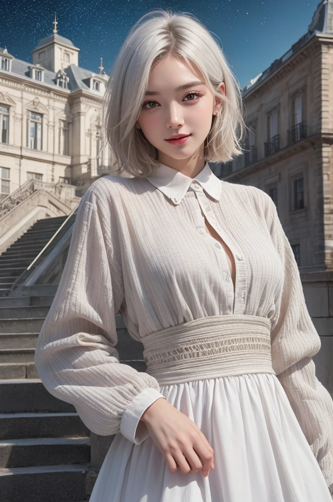 highest quality、masterpiece、超High resolution、(whole body,Realistic:1.3)、RAW Photos、(One girl,Small breasts), Beautiful Face, (Realistic Face,Detailed facial expressions,smile), (White Hair、short hair:1.3), Beautiful Hairstyles, Realistic eyes, Beautiful fine details, (Realistic Skin), Beautiful Skin, (Long sleeve dress,Stylish trendy fashion), Confused, charm, 超High resolution, Ultra-realistic, High resolution, Golden Ratio、Standing on the stairs,European cityscape,Mr.々Posing,Shooting from below,Beautiful starry sky,night