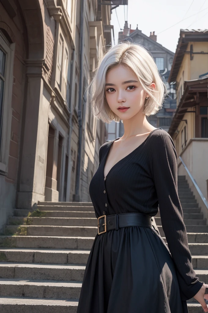highest quality、masterpiece、超High resolution、(whole body,Realistic:1.3)、RAW Photos、(One girl,Small breasts), Beautiful Face, (Realistic Face,Detailed facial expressions,smile), (White Hair、short hair:1.3), Beautiful Hairstyles, Realistic eyes, Beautiful fine details, (Realistic Skin), Beautiful Skin, (Long sleeve dress,Stylish trendy fashion), Confused, charm, 超High resolution, Ultra-realistic, High resolution, Golden Ratio、Standing on the stairs,European cityscape,Mr.々Posing,Shooting from below,Beautiful starry sky,night