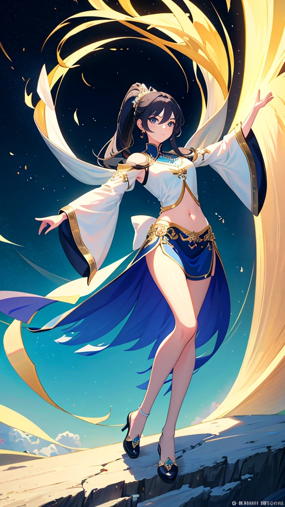Grand Masterpiece of White Korean Anime,
Elegant Exquisiteness, (top-quality animation: 8k resolution),
(The epitome of refined illusion), (best shading and lighting),
Immaculate Illustration,
Sky of purest blue,
Variety of clouds adorning the heavens,
Floral designs in black and royal blue with a sparkling touch,
Blending tradition and modernity,
Dazzling high-low dress, a little shorter in front and longer in the back, flowing beautifully,
Her long black hair tied in a high ponytail with a bow,
Dazzling royal blue belly dancer shoes with ribbon