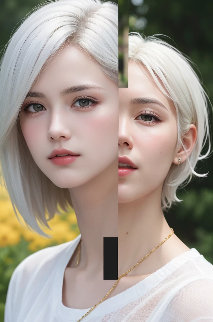 highest quality、masterpiece、超High resolution、(Realistic:1.3)、RAW Photos、(One girl), Beautiful Face, (Realistic Face), (White Hair、short hair:1.3), Beautiful Hairstyles, Realistic eyes, Beautiful fine details, (Realistic Skin), Beautiful Skin, (shirt), Confused, charm, 超High resolution, Ultra-realistic, High resolution, Golden Ratio、Mr.々Background