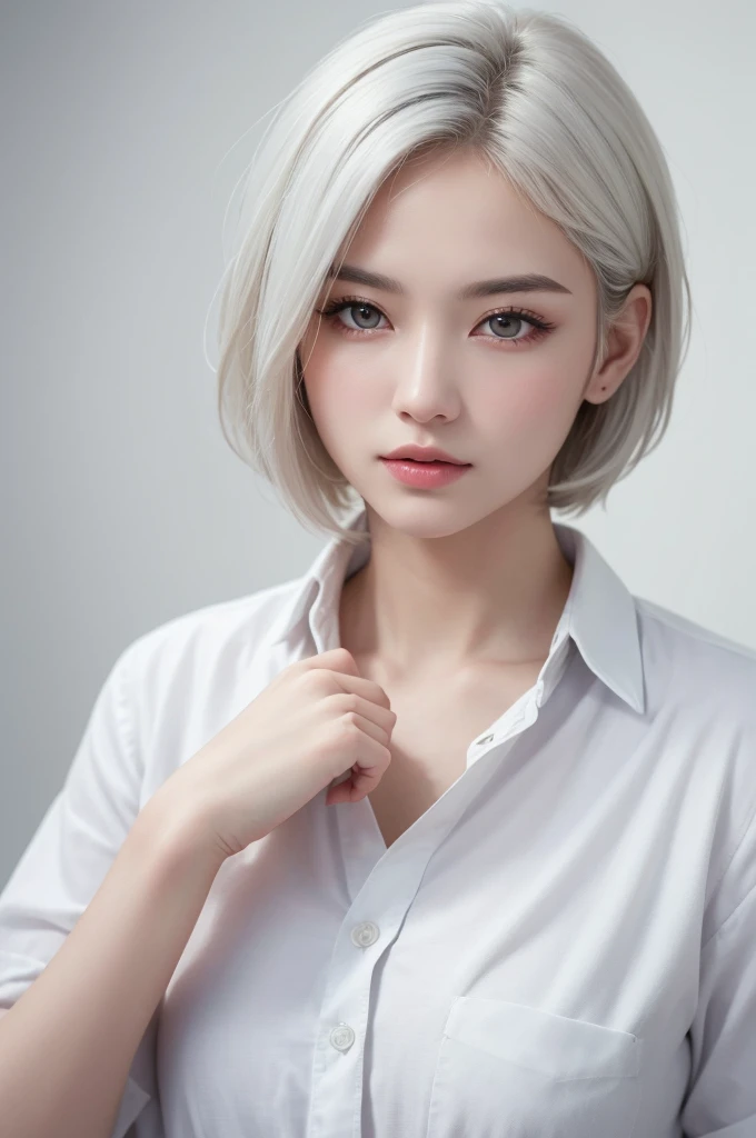 Highest quality、masterpiece、超High resolution、(Realistic:1.3)、RAW Photos、(One girl), Beautiful Face, (Realistic Face), (White Hair、short hair:1.3), Beautiful Hairstyles, Realistic eyes, Beautiful fine details, (Realistic Skin), Beautiful Skin, (shirt), Confused, charm, 超High resolution, Ultra-realistic, High resolution, Golden Ratio、Mr.々Background