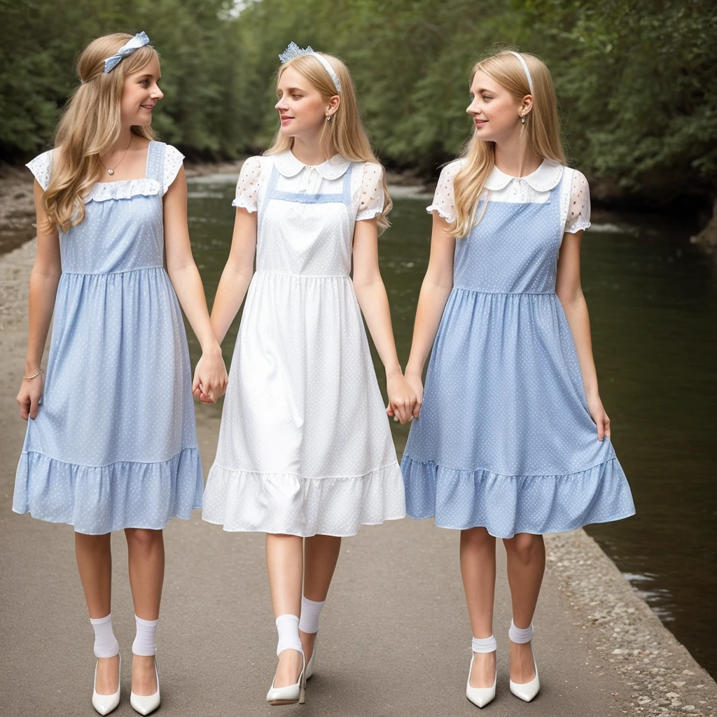 So Pretty And Girly Long-haired Teenage Boys In Blue Polka Doted Frilly Kneelenght Pinafore Dress And White Blouse WITH Lacy Collar And Cuffs. He Wear White Pantyhose And Pumps. THEY LONG BLOND HAIRS TIED In Long TWIN HIGH PONYTAILS BY TWO PRETTY WHITE HAIRBOWS. They Have Pretty Face And BLUE Eyes. They Walks By River.((Best quality)), ((masterpiece)), (detailed), Young woman 