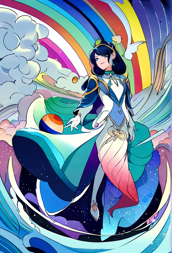 Paisagem fantastica em um planeta estrangeiro, Sky full of distant planets, uma mulher com traje espacial azul, a bright rainbow and planets with rings in the sky