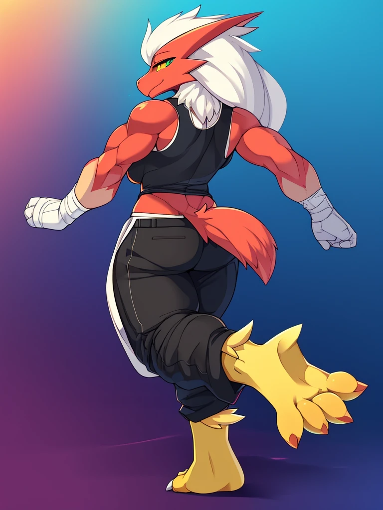 [blaziken], (mayosplash), (wamudraws)], ((masterpiece)), ((HD)), ((solo portrait)), ((back view)), ((furry; anthro)), ((detailed shading)), ((beautiful render art)), ((intricate details)), {anthro; red feathers, red beak, (yellow talon feet), (long white hair), cute teal eyes, (yellow sclera), (half-closed eyes), (medium boobs), (defined muscles), (beautiful feet), (clothing, topwear: tanktop, handwear:(cloth wrap), bottomwear:(pants:black) footwraps, stirrup footwear)),{(standing), (dynamic pose)}