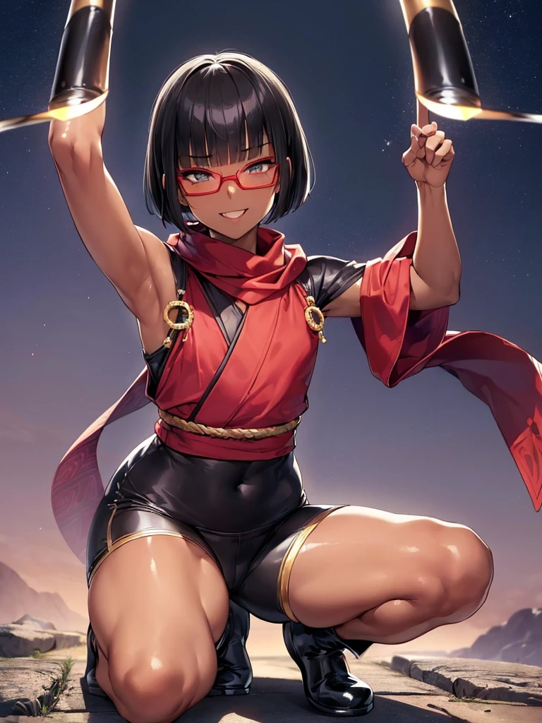 (flat chest:), (masterpiece:1.2), highest quality, High resolution, unity 8k wallpaper, (fine and beautiful eyes:1.6), highly detailed face, perfect lighting, Detailed CG, (perfect hands, perfect anatomy), (1 boy solo:1.4), 20 years old, black hair, extremely beautiful detailfeminine face and eyes, (evil smile:1.4), detailed eyes, best quality,( dark skin:1.8), (turtleneck shirt under yukata:1.2), (bike shorts:1.2), extremely detailed, very precise detailed, (glasses:1.3), blunt bangs, open mouth, (very short pixie cut:1.2), boots,fingerless gloves, smile, half closed eyes, ,(on kawara roof),night sky, ,long sidelocks,(long red Scarf),(yukata),(squatting), ears,(acrobat pose:1.3),(squat:1.3),leaning forward,(one knee dwon:1.5),(Put one foot in front:1.3),(stylish pose:1.4),(2 legs:1.9),(arm up:1.4),(grab katana:1.3)