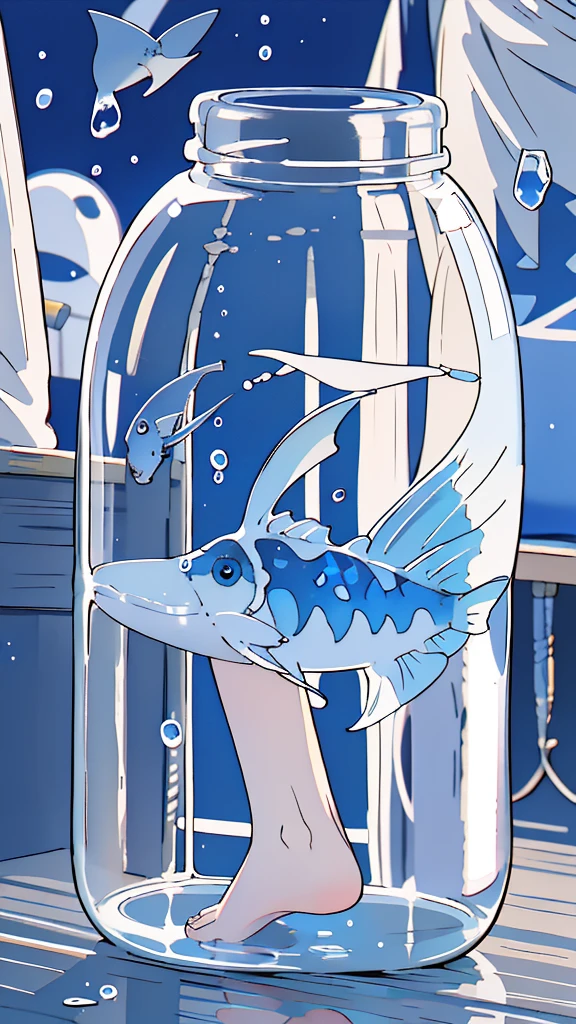 jars, a Libido boy, solo, ((The upper part of the body)), Libido boy, Alone, malefocus, looking at viewert, The upper part of the body, depth of fields, Clear lines, , Himmel_Soso_The No_Frilen, Blue hair, eBlue eyes, in jars, cute big breasts、smallest, small, A piece of, longer sleeves, sitted, The barefoot, Indoors, bare-legged, desks, knees, desk work, (The fish, airbubble, Under water, airbubble),