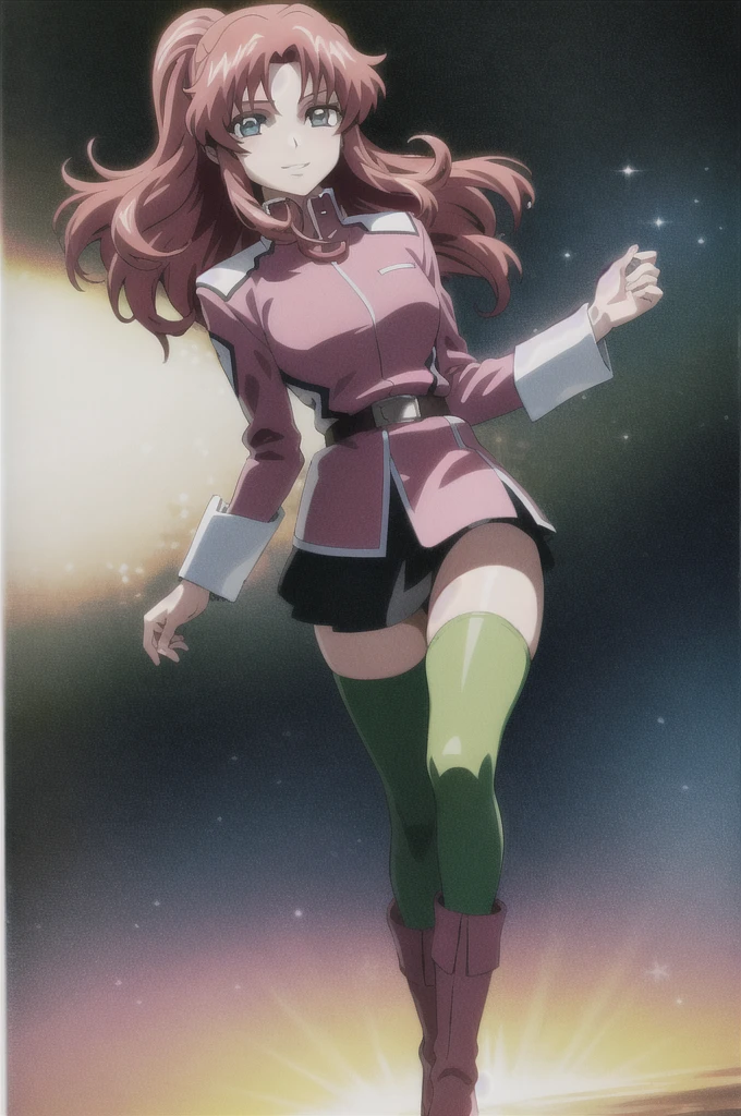 masterpiece, best quality, anime official art, 1girl, flay allster, pink hair, long hair, pale cerulean eyes, military uniform, long sleeves, belt, black skirt, green thighhighs, pink boots, full body, evil smile