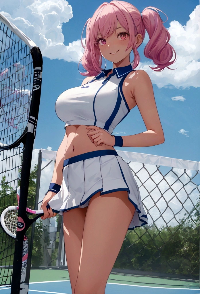 a woman wearing a tennis uniform, exposed abdomen, exposed thigh, white skirt with faint blue details, sports tennis shoes, pigtails, hot pink hair with silver strands, large breasts, pink eyes, smiling, walking on a tennis court, full body, blue sky with clouds,HDR , ultra resolution, sharp, masterpiece, 8K HD (solo woman)