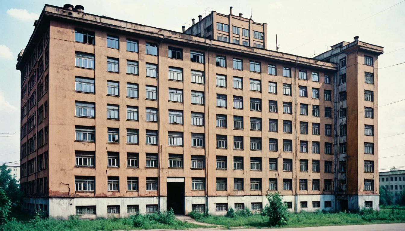 color photograph of a garment factory in the USSR in the 1980s, photo of the building facade. high detail