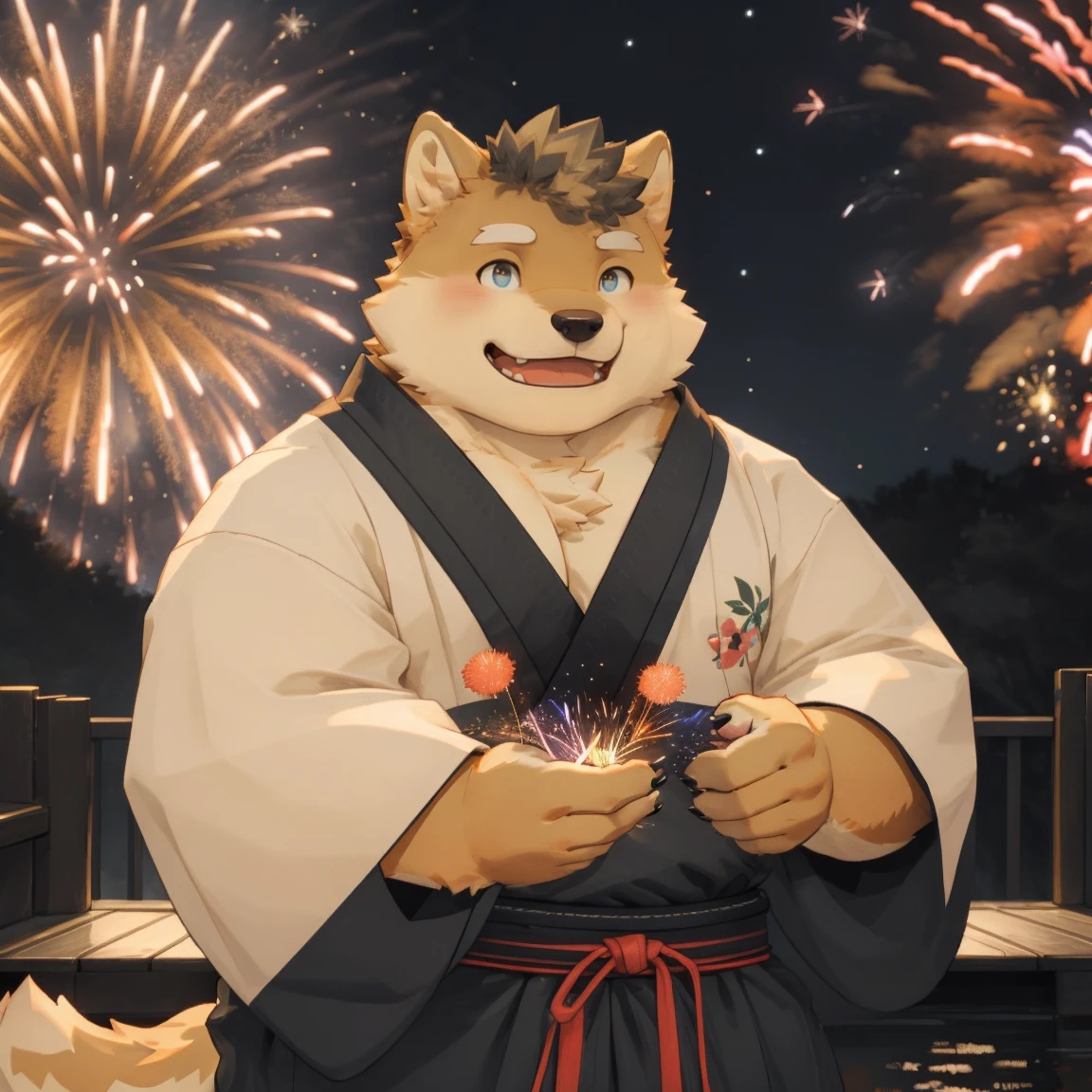 masterpiece, best quality, 8k resolution, Very detailed, hairy，Shiba Inu，Black Hair，fur，Chubby，Golden Eyes，Chubby face，blush，portrait，blush，kimono，For the audience，Highest quality scenes，solitary，solitary，lol，upright，night，fireworks