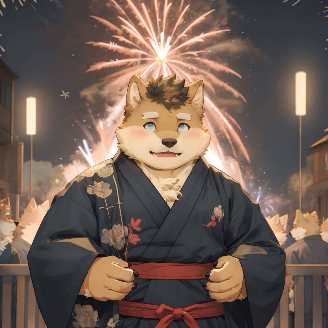 masterpiece, best quality, 8k resolution, Very detailed, hairy,Shiba Inu,Black Hair,fur,Chubby,Golden Eyes,Chubby face,blush,portrait,blush,kimono,For the audience,Highest quality scenes,solitary,solitary,lol,upright,night,fireworks