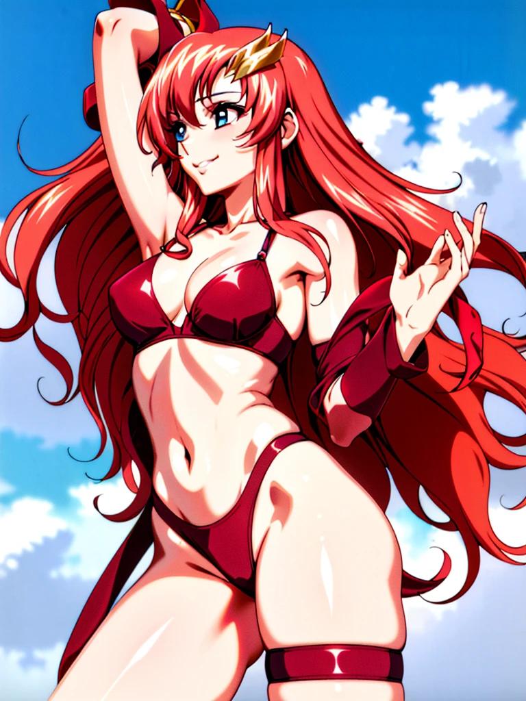 lacus4, (red bikini, running, thong, tall girl, masterpiece, cowboy shot, very slim shoulders, 4K, Best Quality, Anime style: 1.9, happy, Adult Woman, (ultra detailed head), (Crowd, cloud background), Drawing lines, high resolution, lacus4), 1girl, Solo, curvy figure, clavicle, scapular, (Detailed wide hair bangs, very long hair, Hair Ornament, Detailed reddish-pink hair, shiny streaks, slim arms, detailed golden crest), cleavage, large hands, (hair cover shoulders). (Big blue eyes, shiny eyes), ((female wrestler, (slim body), slim arms, thighs)), ((perfect proportions, medium-small breasts, medium thighs, long belly)), ((totally red bra, leg strap)), smile with a wink, (standing, hot colors), detailed fingers, (bare shoulder, stretching, one arm up, looking away)
