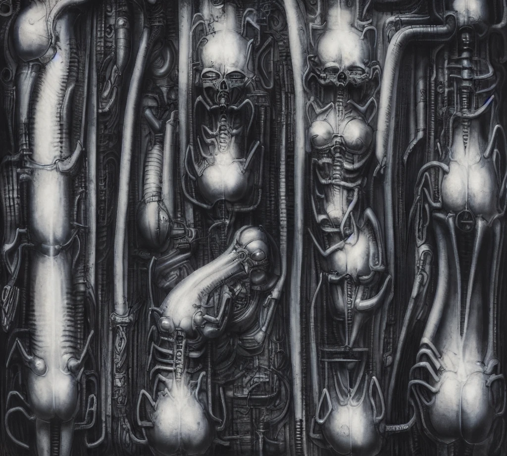 airbrush Giger_style, The image is a detailed view of H.R. Giger's \" Biomechanical Landscape No 312 \" plate, featuring a complex network of bones and organs in a purple-brown hue ,swirling gray and brown colorsgroup of three alien figures positioned in the foreground.  Emaciated and skeletal, with hollow eyes, they appear to be constructed from bone and  metallic  elements,  a  characteristic  fusion  of  organic  and  mechanical  forms  found  in  Giger's  biomechanical  art.  One figure sits on a simple chair,  while  the  other  two  flank  it  on  either  side,  suggesting  a  hierarchy  within  the  group.  The background is a dark and  limited  space  painted  in  a  uniform  red  color.  This  lack  of  detail  keeps  the  focus  on  the  figures  and  creates  a  sense  of  mystery  about  their  environment.  Receding into the distance  are  a  series  of  arches  and  tunnels  that  hint  at  a  larger  biomechanical  landscape,  possibly  the  work  of  the  creatures  themselves The artwork is silver and purplish brown, with an ivory bones prominently displayed. The image is highly detailed and intricate, almost like a 3d version of a medical diagram (detailed view of an anatomy model, possibly of a human body, with transparent organs and bones exposed). The piece has a thick mechano-organic texture and is covered in fine details. The image has a swirling, organic quality to it. The artistic manner would be unmistakably Gigeresque. A dark and unsettling beauty would permeate the piece, blurring the lines between fascination and repulsion , forever haunted by the grotesque allure. Giger's signature artistic manner would be evident in every stroke. The airbrush would be wielded with masterful precision to create a hyperrealistic yet nightmarish aesthetic.,hrgiger,H.G. Giger Style, Biomechanics,HRGigerArhP style in HRGigerArhP style, abstract, mechanical chaos, muted colors, 