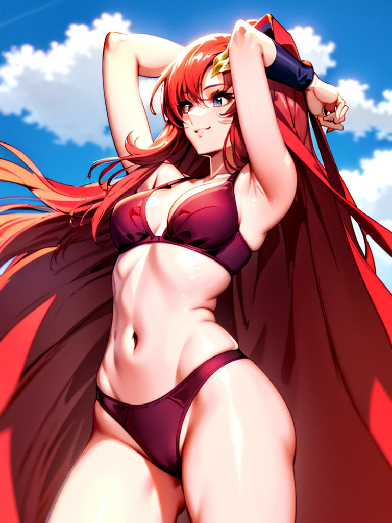 lacus4, (red bikini, running, thong, tall girl, masterpiece, cowboy shot, very slim shoulders, 4K, Best Quality, Anime style: 1.9, happy, Adult Woman, (ultra detailed head), (Crowd, cloud background), Drawing lines, high resolution, lacus4), 1girl, Solo, curvy figure, clavicle, scapular, (Detailed wide hair bangs, very long hair, Hair Ornament, Detailed reddish-pink hair, shiny streaks, slim arms, detailed golden crest), cleavage, large hands, (hair cover shoulders). (Big blue eyes, shiny eyes), ((female wrestler, (slim body), slim arms, thighs)), ((perfect proportions, medium-small breasts, medium thighs, long belly)), ((totally red bra, leg strap)), smile with a wink, (standing, hot colors), detailed fingers, (bare shoulder, stretching, one arm up, looking away)