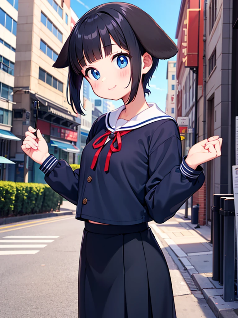 Short black hair Adult female Dog Ears Dark blue colored eyes A student wearing a navy blue sailor uniform with a red ribbon In the city smile Chest up up