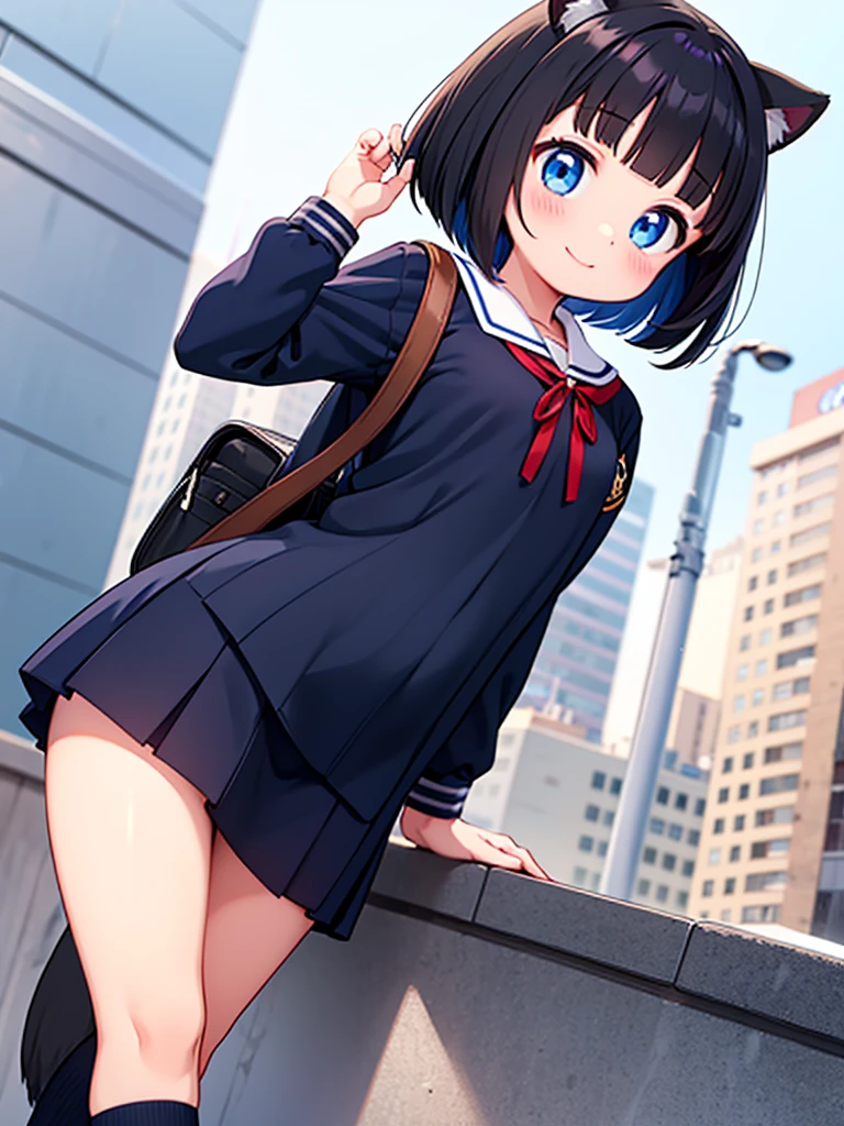 Short black hair Adult female　Dog Ears　Dark blue colored eyes　A student wearing a navy blue sailor uniform with a red ribbon　In the city　smile　Chest up up